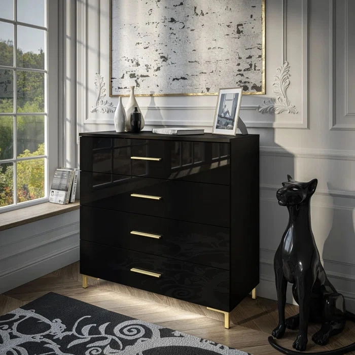 Modern Furniture 4 Drawer Filing Black MDF Wood Gold Handle Bedroom Living Room Storage Cabinets