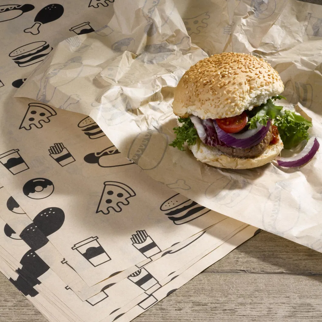 Ow MOQ Custom Fast Food Hamburger Packaging Tissue Paper Food Grade Eco Friendly Ink Printing Logo Safe Non Toxic Wax Pape