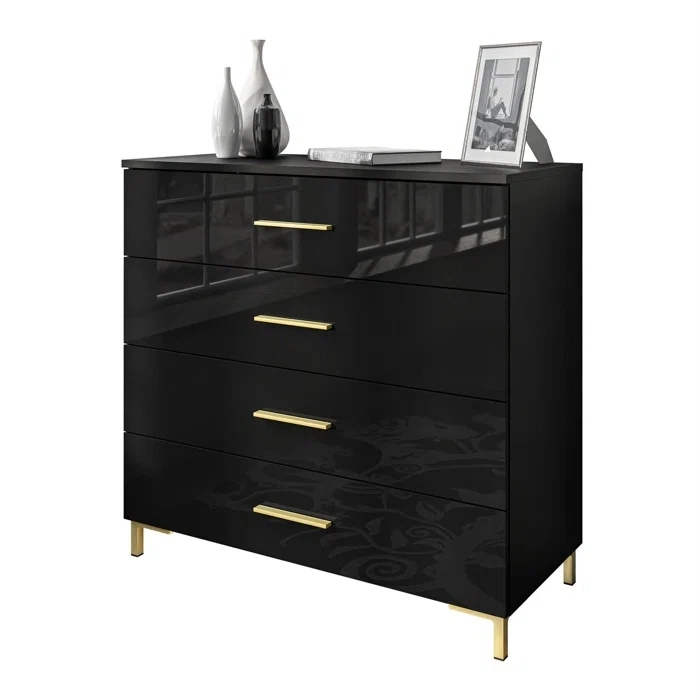 Modern Furniture 4 Drawer Filing Black MDF Wood Gold Handle Bedroom Living Room Storage Cabinets