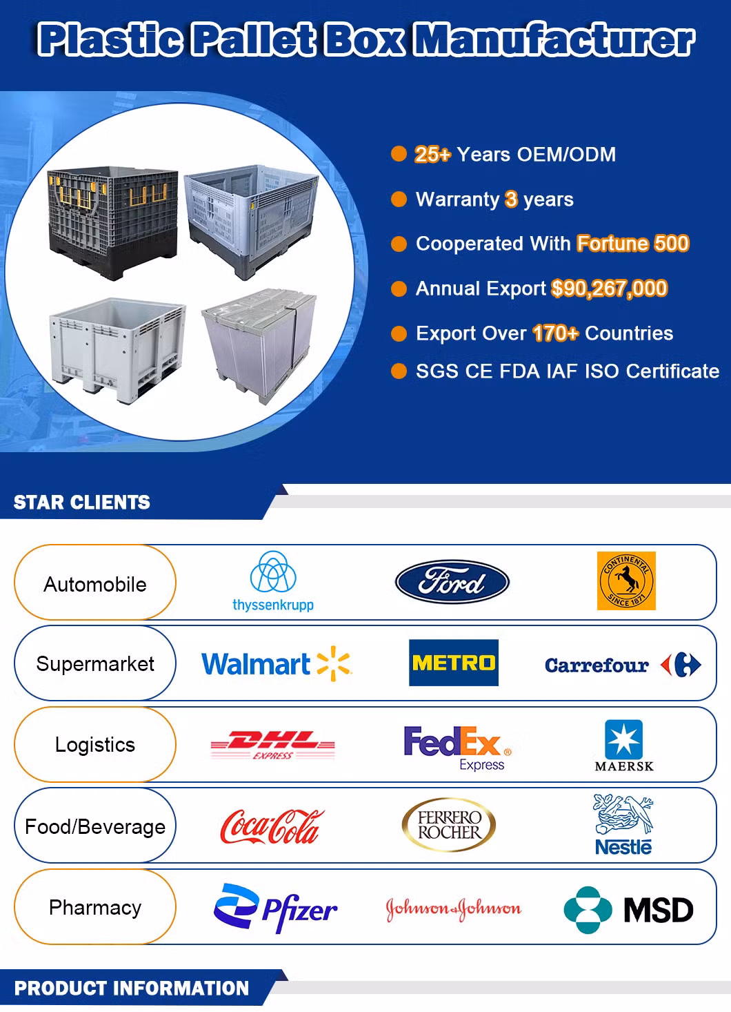 Plastic Pallet Box Manufacturer Industry HDPE Large Solid Harvest Collapsible Rigid Foldable Stackable Storage Mesh Insulated Fish Sleeve Container Box with Lid