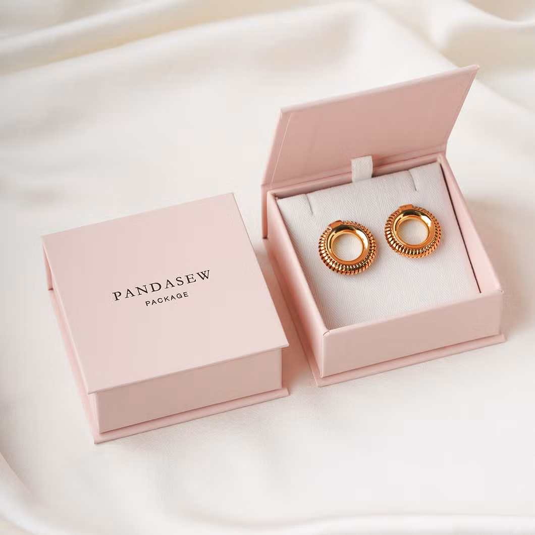 Pandasew Bulk Custom Logo Printed Pink 8X8X3.5cm Book-Style Magnetic Clasp Jewelry Boxes with Flip Lids Sponge Inside