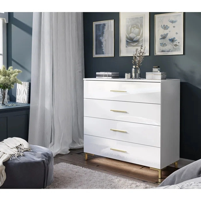 Modern Furniture 4 Drawer Filing Black MDF Wood Gold Handle Bedroom Living Room Storage Cabinets