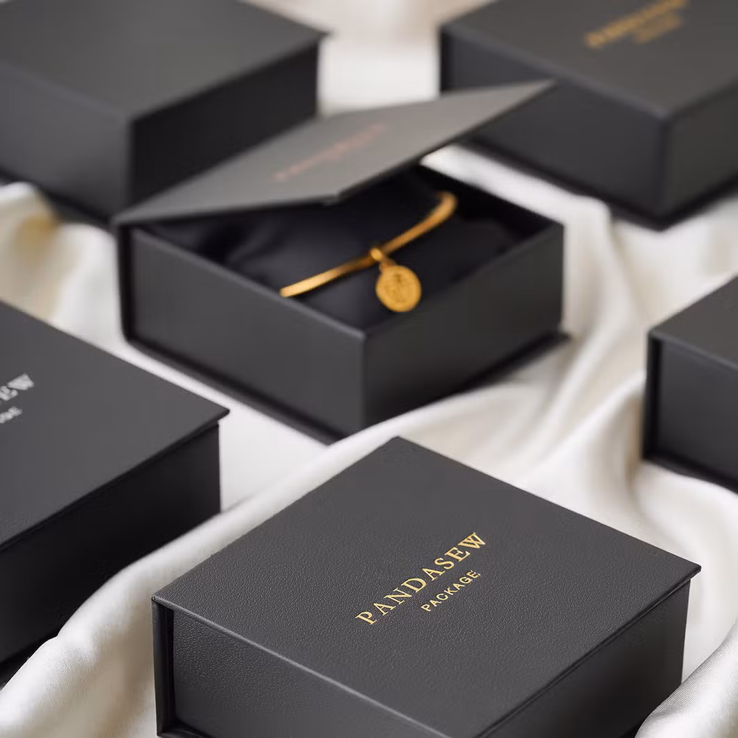 Pandasew Bulk Custom Logo Printed Pink 8X8X3.5cm Book-Style Magnetic Clasp Jewelry Boxes with Flip Lids Sponge Inside