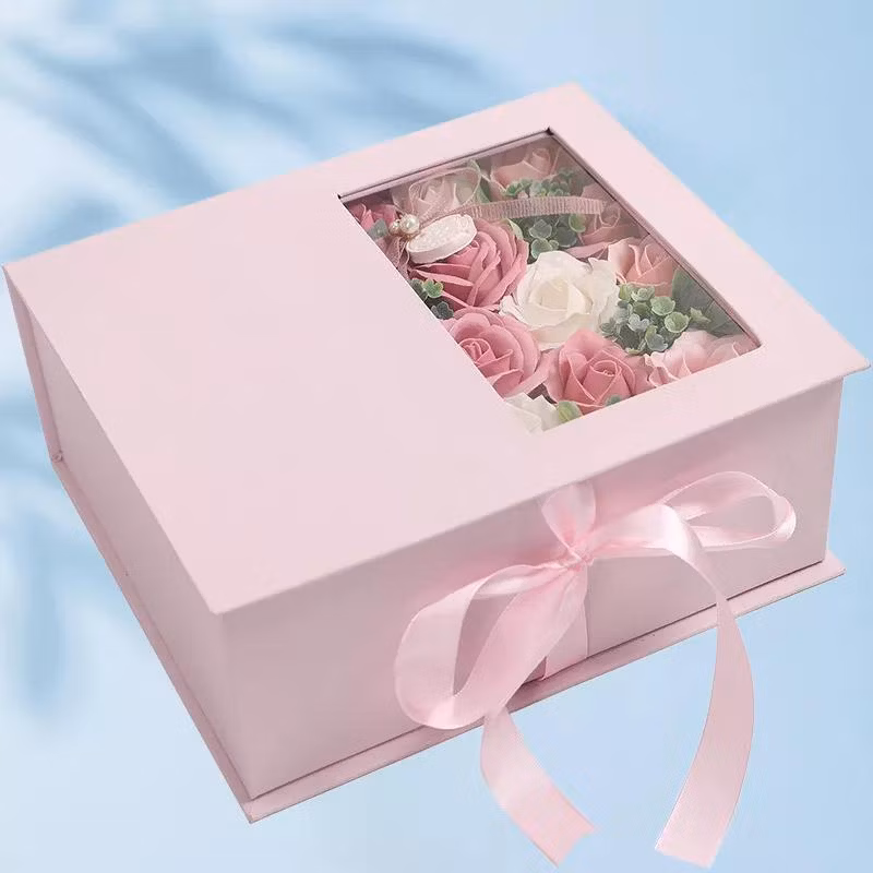 Wholesale Valentine&prime;s Day Perfume Lipstick Roses Flip Top Cosmetics Coated Cardboard Packaging Ribbons Flower Lipsticks Carton Packaging Window Gift Paper Box