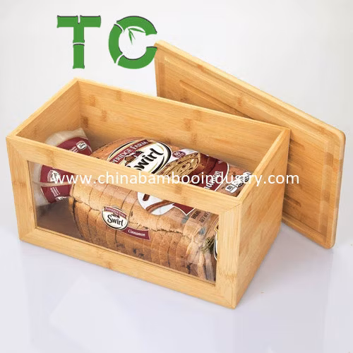 Hotselling Bamboo Bread Box Keeper Storage Bin for Kitchen Bread Bin with Hinged Lid and Clear Front Window Kitchen Food Storage Box