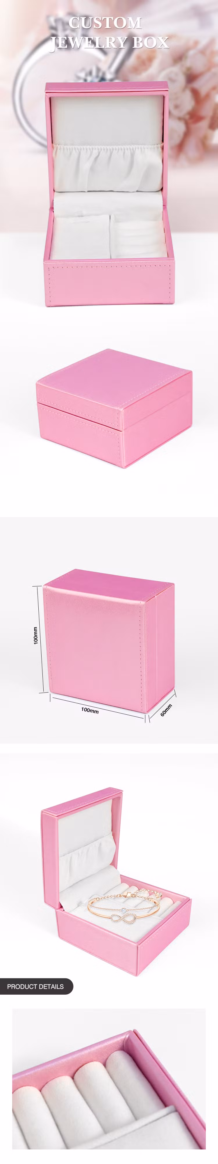 Firstsail Wholesale Custom Luxury PU Pink Velvet Jewelry Box Packaging for Watch Wedding Engagement Ring Necklace Bracelet