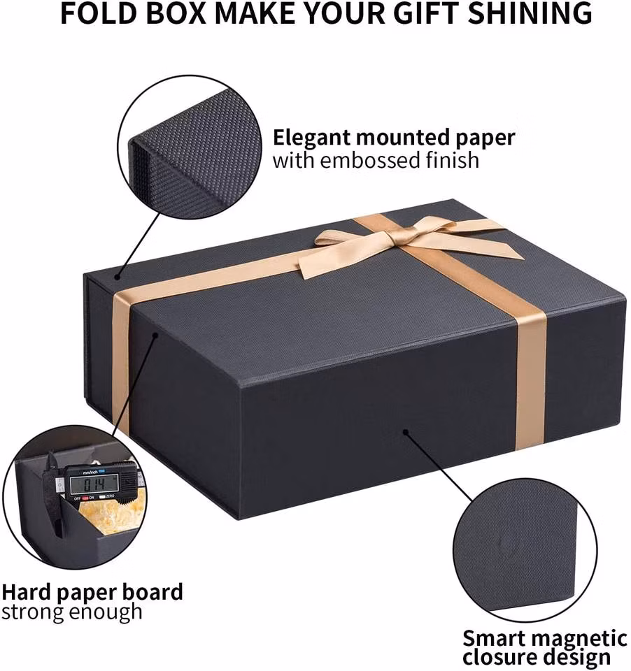 Custom Black Paper Box Large Luxury Gift Box Shredded Paper Filled Folding Box with Magnetic Lid Ribbon