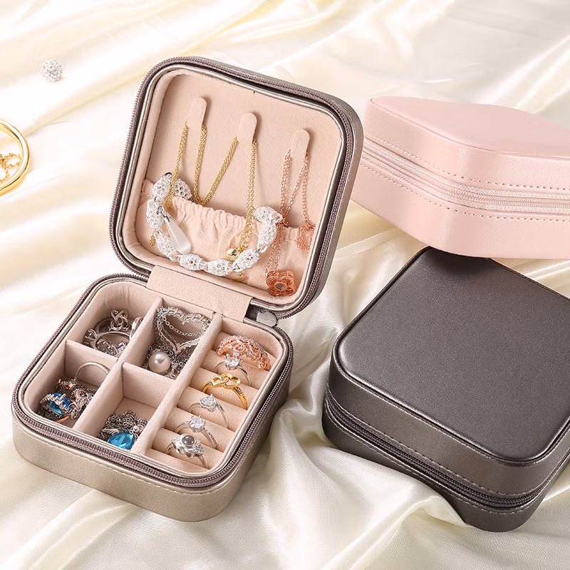 Luxury Black Small Travel Jewelry Box for Lady Organizer Storage Case for Rings Earrings Necklace Golden Zipper