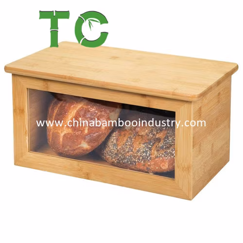 Hotselling Bamboo Bread Box Keeper Storage Bin for Kitchen Bread Bin with Hinged Lid and Clear Front Window Kitchen Food Storage Box