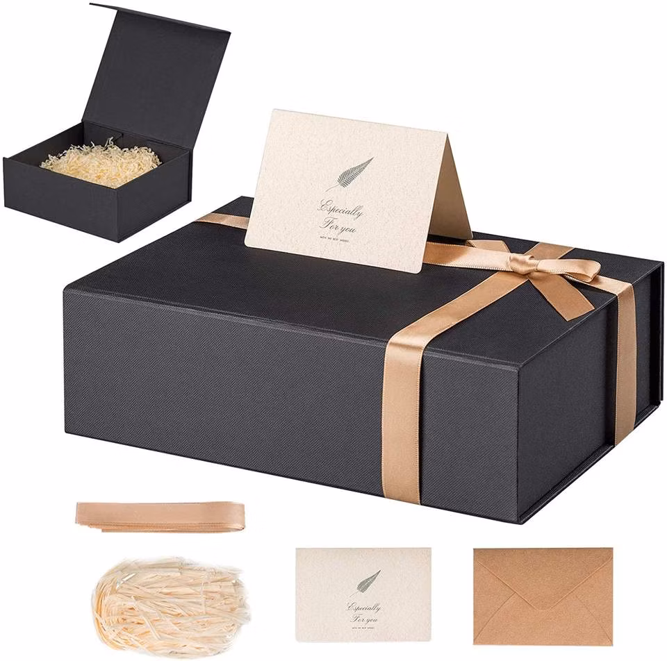 Custom Black Paper Box Large Luxury Gift Box Shredded Paper Filled Folding Box with Magnetic Lid Ribbon