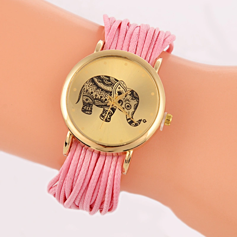 Women Dress Watch Elephant Pattern Weaved Rope Band Bracelet Clocks Quartz Analog Wristwatch Esg13642