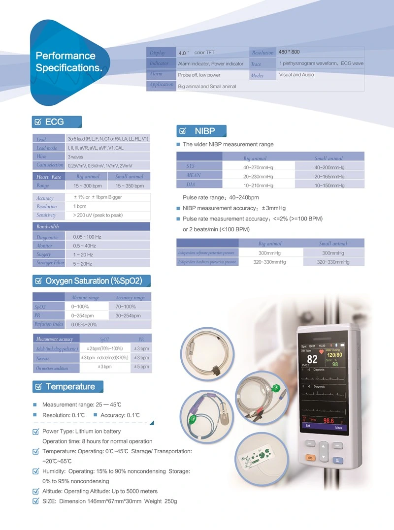 Vet Veterinary Instrument Monitoring Multi-Parameter Animal Monitor Portable Veterinary Monitor Pulsioximetro Vet