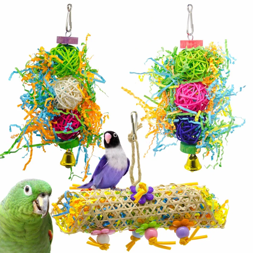 Bird Swing Toys Bells Bird Perch with Wood Beads Bells Wooden Hammock Hanging Toys for Budgie Lovebirds Conures Parakeet Parrots (Set of 3) Esg12591