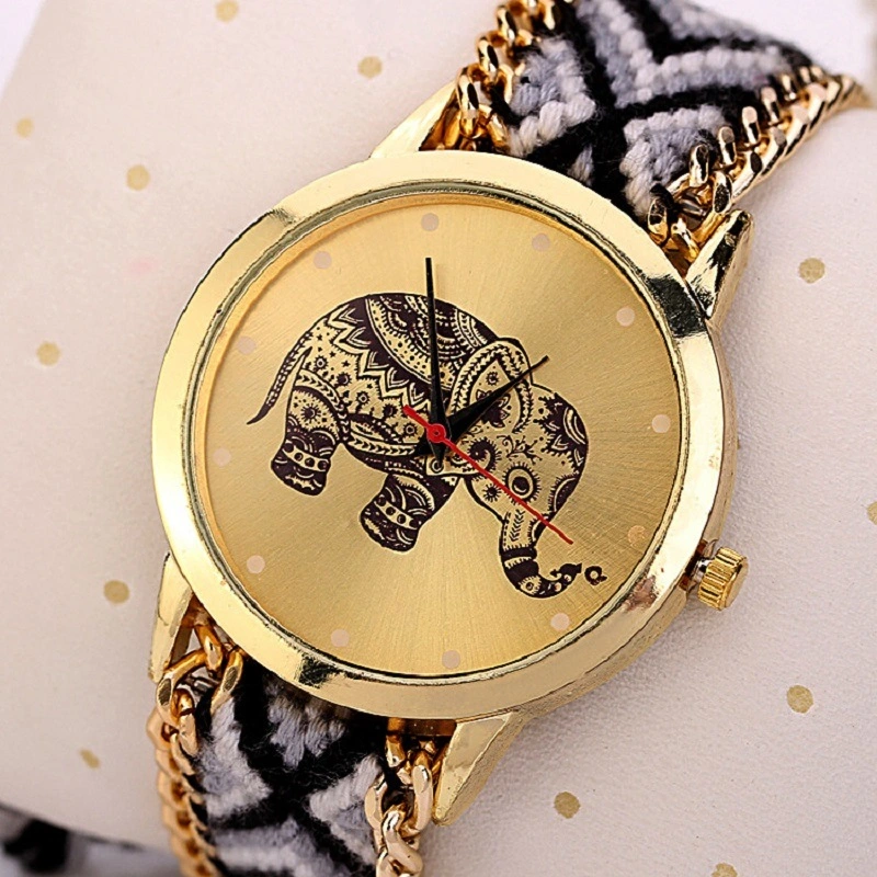 Womens Elephant Print Wrist Watch Weaved Rope Band Adjustable Bracelet Quartz Esg13627