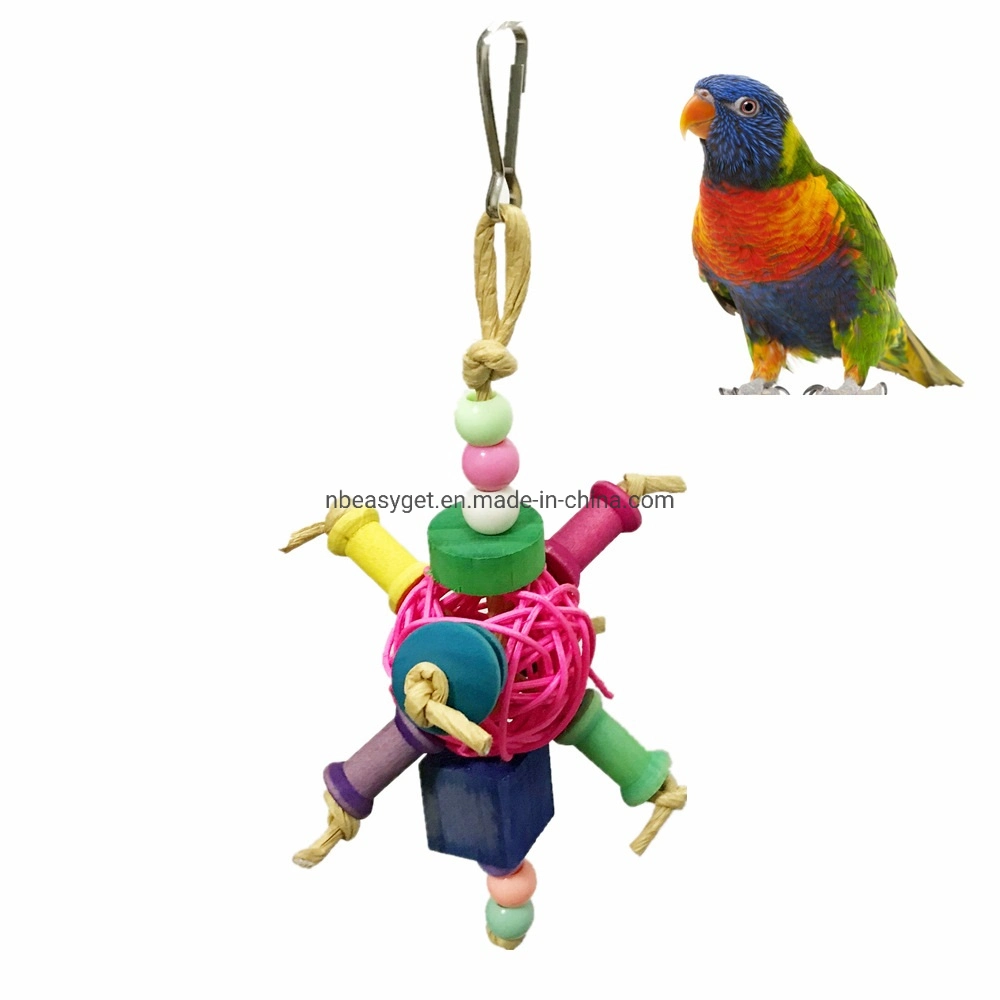 Bird Colorful Hanging Toy Bird Cage Chewing Toy Rattan Ball with Wooden Beads Esg16537