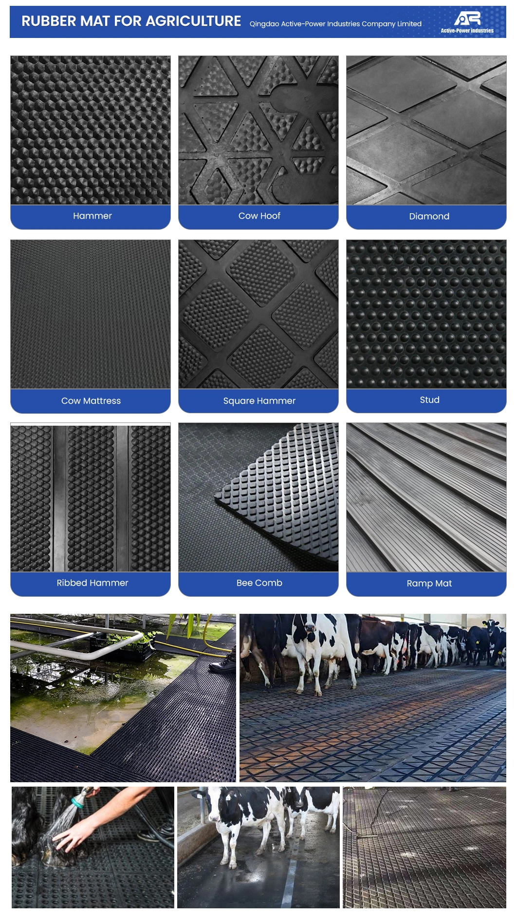 Active-Power Industries Animal Matting Wholesaler China Rubber Livestock Cow Dairy Bed Alley Flooring Stall Stable Mat