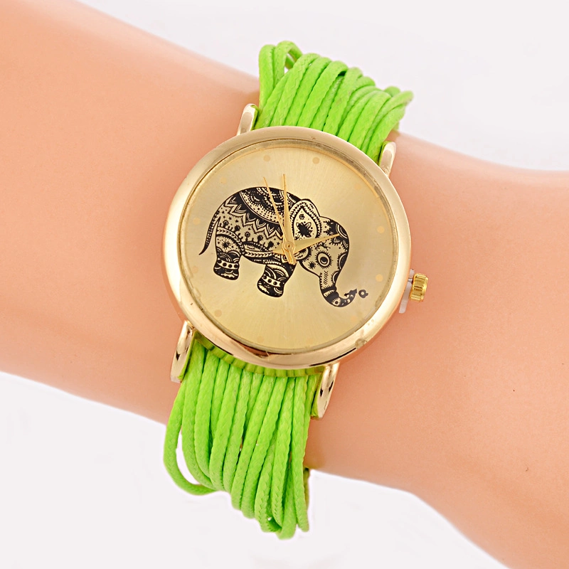 Women Dress Watch Elephant Pattern Weaved Rope Band Bracelet Clocks Quartz Analog Wristwatch Esg13642