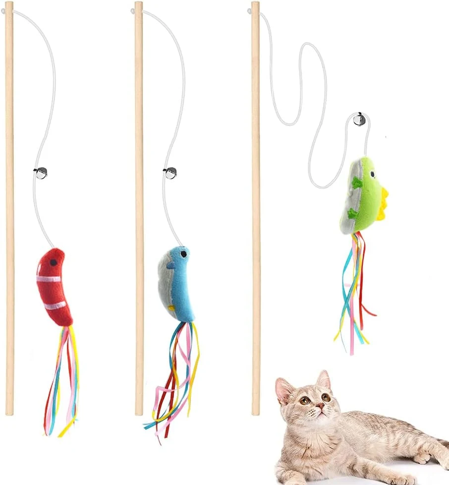 3 PCS Wood Cat Teaser Wands with Catnip Interactive Cat Toys