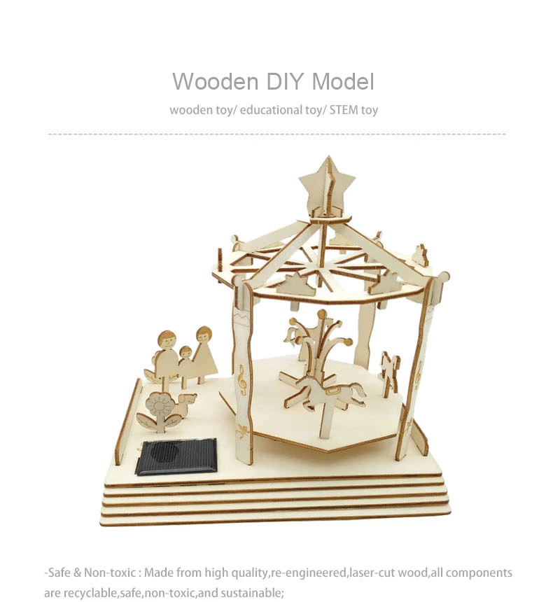 Wooden DIY Solar Powered Carousel 3D Puzzle Playground Stem Toy