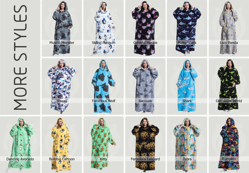 Gifts Polar Bear Pattern 100% Flannel Women Winter Oversized Hooded Blanket with Long Sleeve