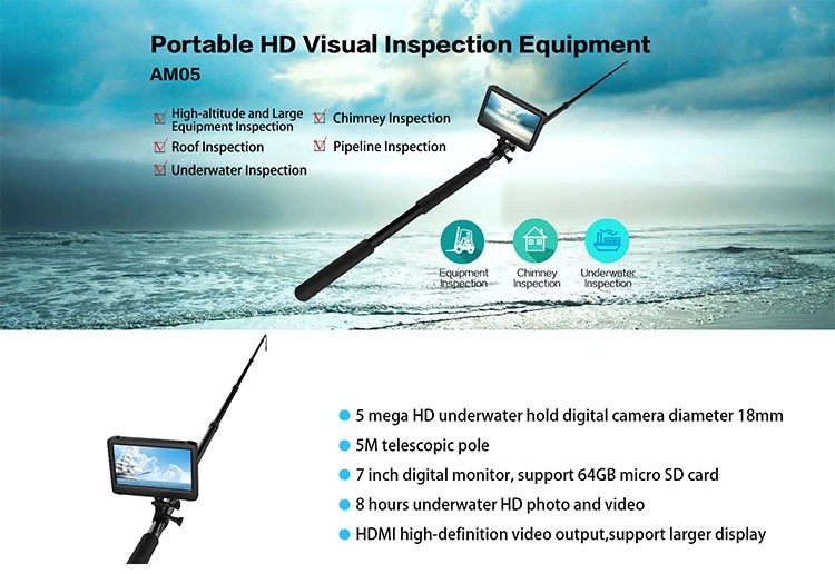 5.0mega 1080P HD Waterproof Mini Digital Inspection Camera 7&quot; Telescopic Pole DVR System