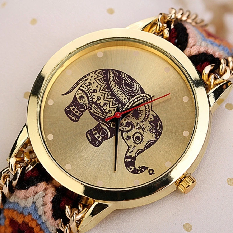 Womens Elephant Print Wrist Watch Weaved Rope Band Adjustable Bracelet Quartz Esg13627