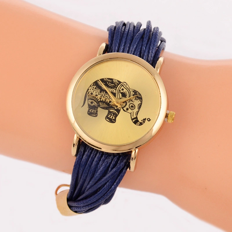 Women Dress Watch Elephant Pattern Weaved Rope Band Bracelet Clocks Quartz Analog Wristwatch Esg13642