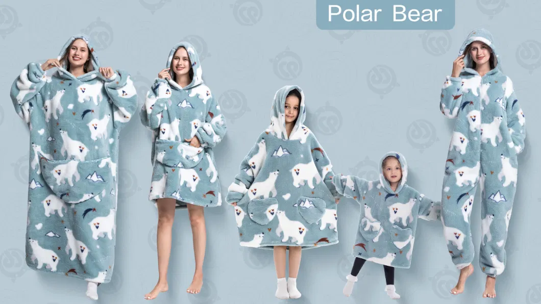 Gifts Polar Bear Pattern 100% Flannel Women Winter Oversized Hooded Blanket with Long Sleeve