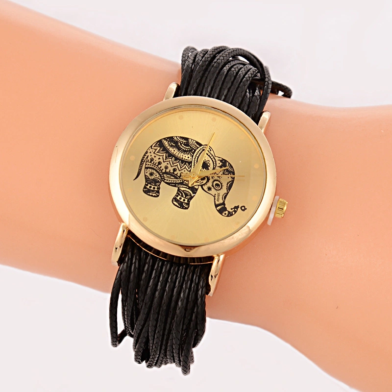 Women Dress Watch Elephant Pattern Weaved Rope Band Bracelet Clocks Quartz Analog Wristwatch Esg13642