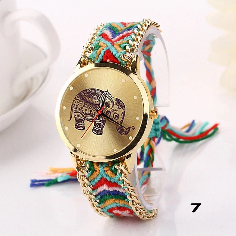 Womens Elephant Print Wrist Watch Weaved Rope Band Adjustable Bracelet Quartz Esg13627