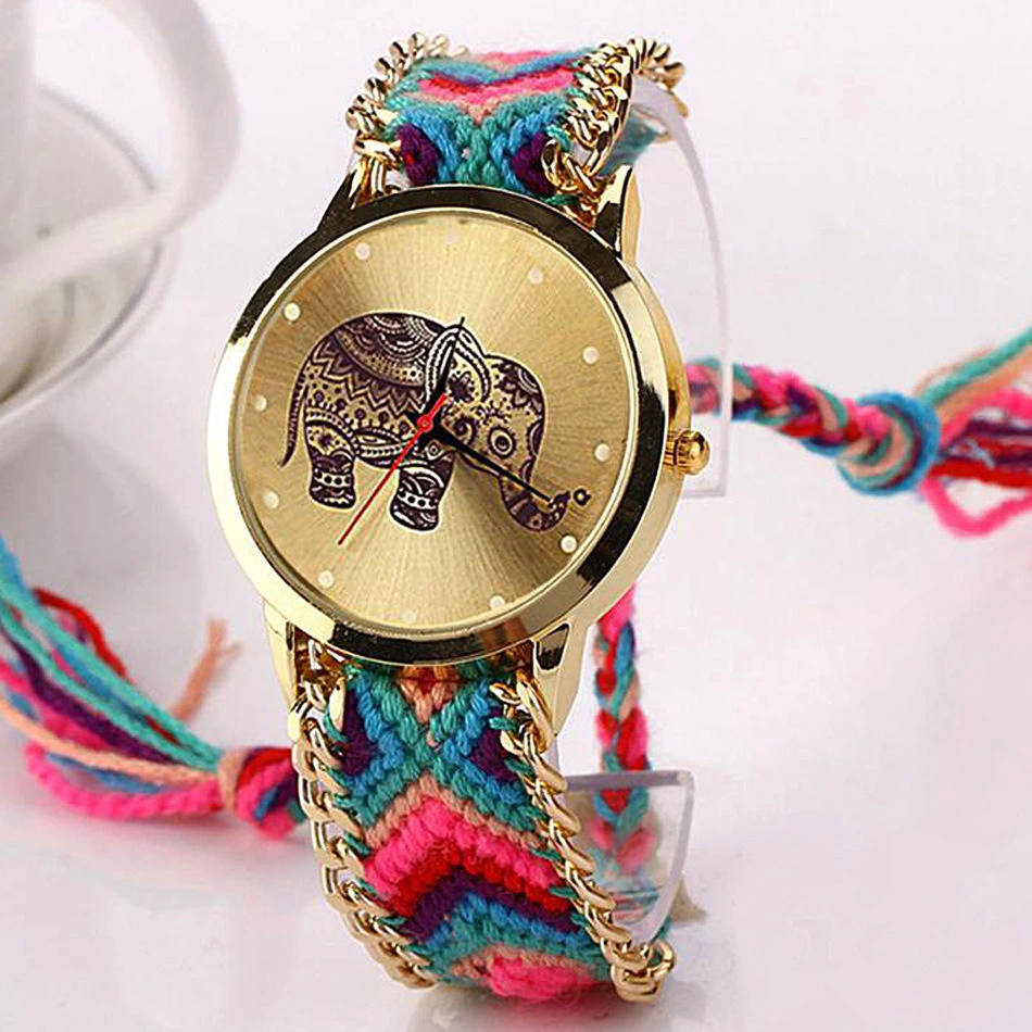 Womens Elephant Print Wrist Watch Weaved Rope Band Adjustable Bracelet Quartz Esg13627