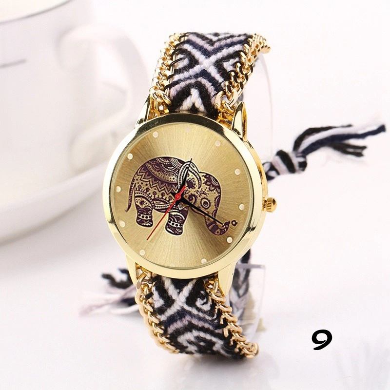 Womens Elephant Print Wrist Watch Weaved Rope Band Adjustable Bracelet Quartz Esg13627