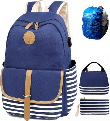 Waterproof New Style School <a href='/bag/'>Bag</a>s 3 PCS Travel Backpack Striped Canvas Lunch Bag