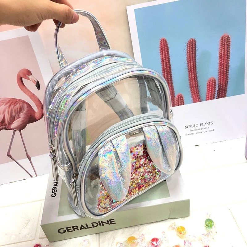 2021 Girls Fashion Backpack Baby Cute Rabbit Sequins Bag Transparent PVC Children School Bag