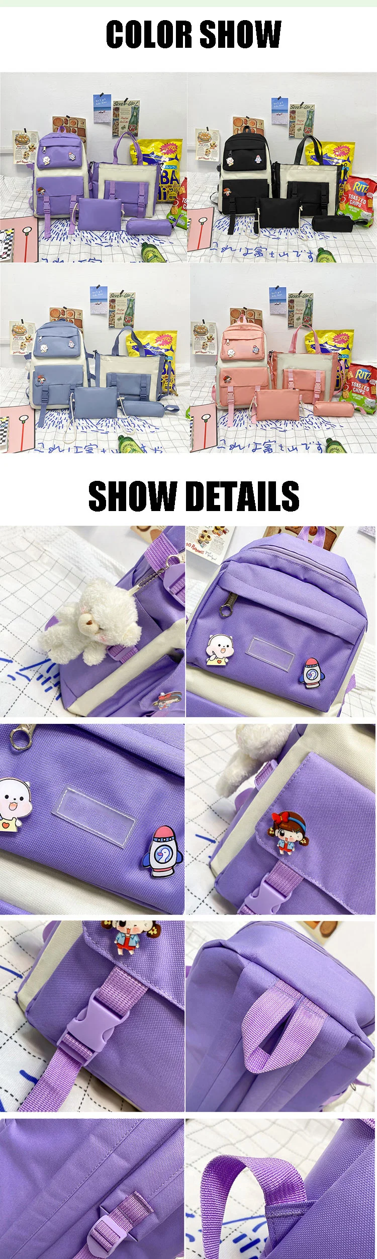 School Bags Girls&prime; Backpack Book Bag Nylon Shoulder Bag Primary School Cute for Students 5 in 1 Set Waterproof Kids Backpack