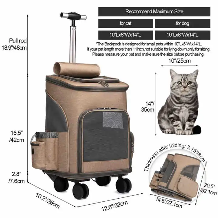 Wheeled Pet Two in One Comfort Cat Removable Rolling Wheels Trolley Backpack