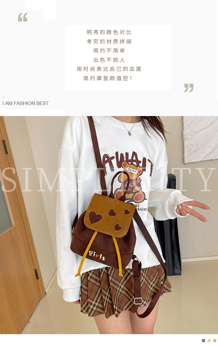 New Fashion Ladies Microsuede Fashion Small Cute School Bag Contrast Color Tide Alphabet Embroidery Love Flap Woman Backpack