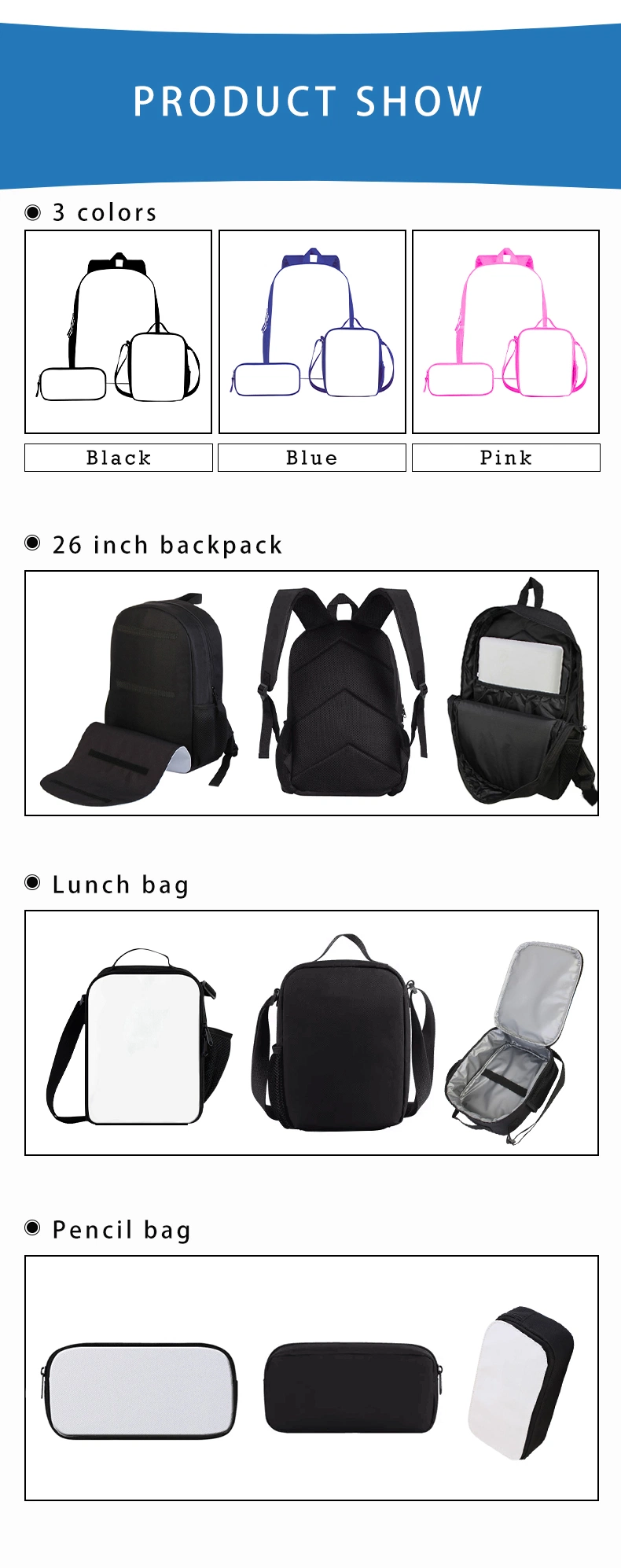 Backpack Portable Zippered Lunch Box with Handle Pencil Bag