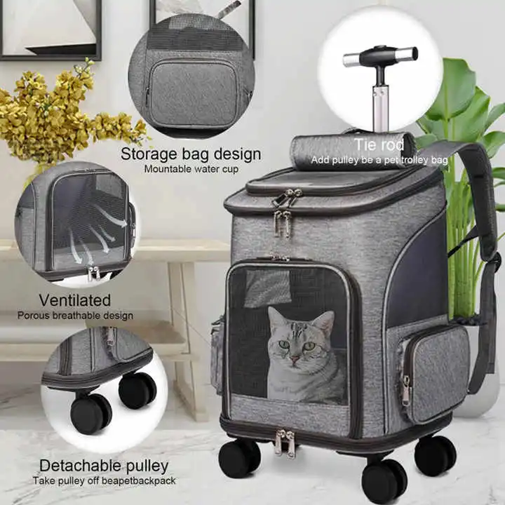 Wheeled Pet Two in One Comfort Cat Removable Rolling Wheels Trolley Backpack