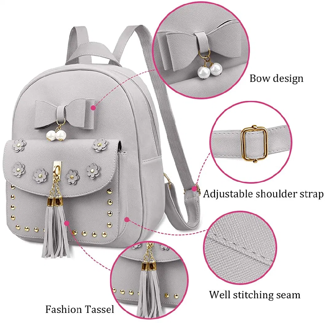 Girls Cute Bowknot Tassel Mini Backpack Leather Small Daypack Purse for Women