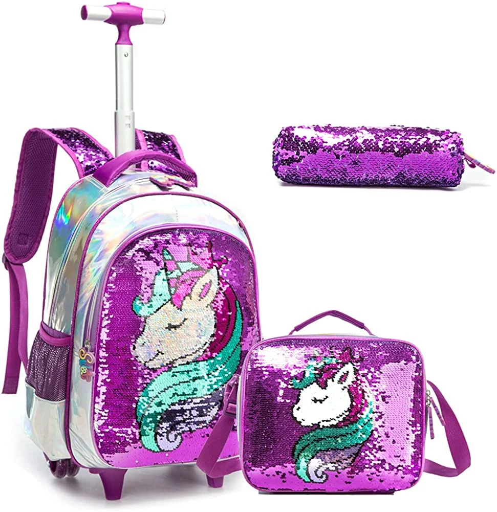 Girls Unicorn Rolling Backpacks Kids Backpack with Wheels for Girls School Bags with Lunch Box