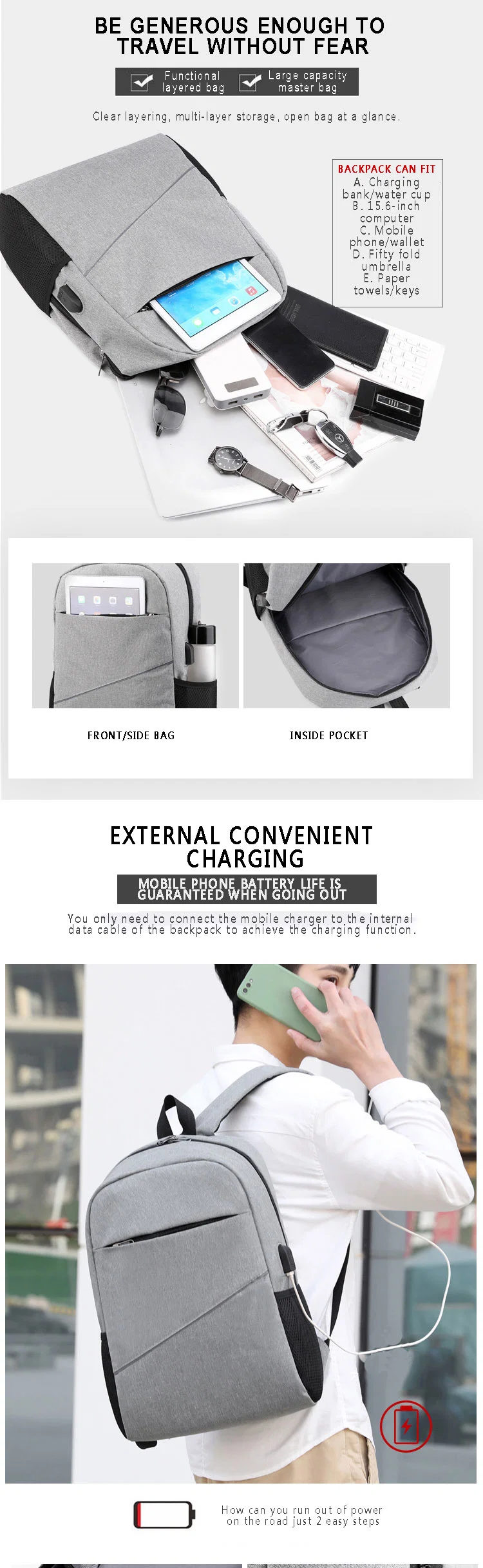 Custom Design Oxford Large Capacity Men&prime;s Shoulder Bags Rucksack USB Charging Youth Backpack