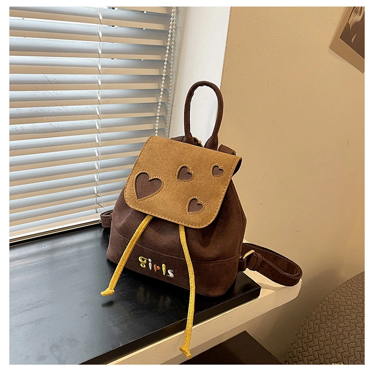 New Fashion Ladies Microsuede Fashion Small Cute School Bag Contrast Color Tide Alphabet Embroidery Love Flap Woman Backpack