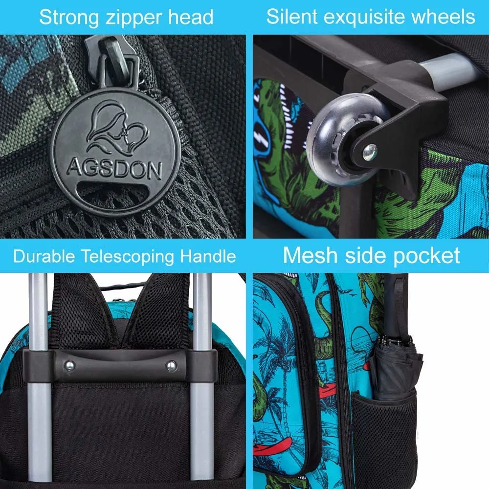 3PCS Rolling Backpack Bag for Boys Bag, Kids Dinosaur Wheeled Bookbag