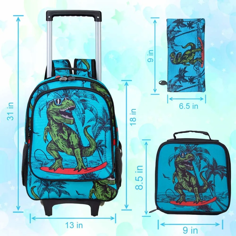 3PCS Rolling Backpack Bag for Boys Bag, Kids Dinosaur Wheeled Bookbag