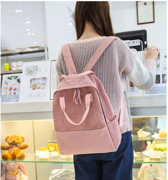 Leisure Teens Student Book Bag Soft Corduroy Daypack Travel Bag Pink Backpack