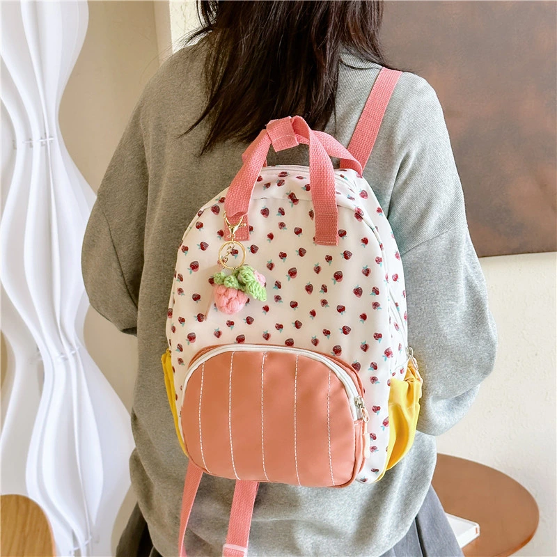 Cute Strawberry Print Canvas Kids School Bookbag Backpacks for Boys Girls Kindergarten