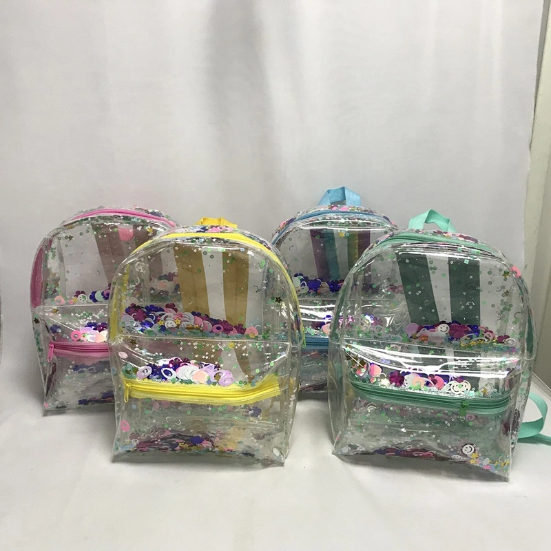 Custom Transparent PVC Floating Sequins Kids Backpack Fashion Cute Clear TPU Roving Paillette Girls School Bag