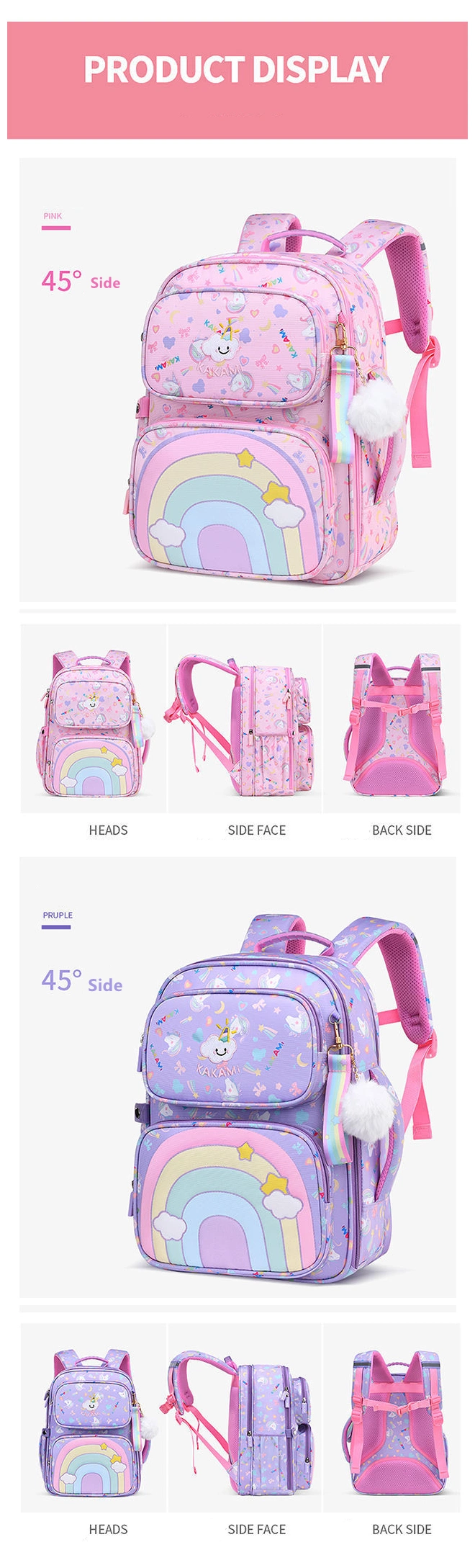 New Primary Kindergarten Mermaid Rainbow Cartoon Schoolbag Latest Fashion Backpack for Kids