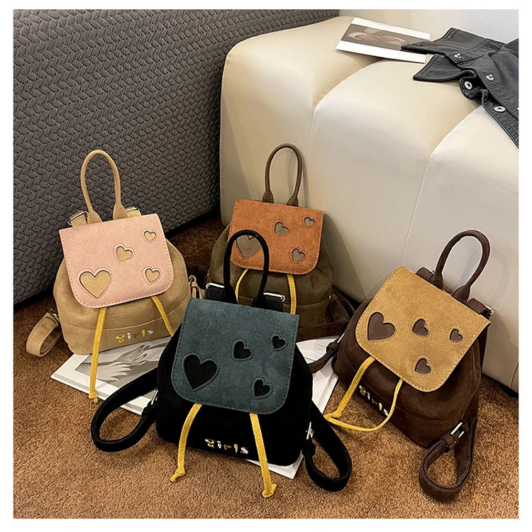 New Fashion Ladies Microsuede Fashion Small Cute School Bag Contrast Color Tide Alphabet Embroidery Love Flap Woman Backpack